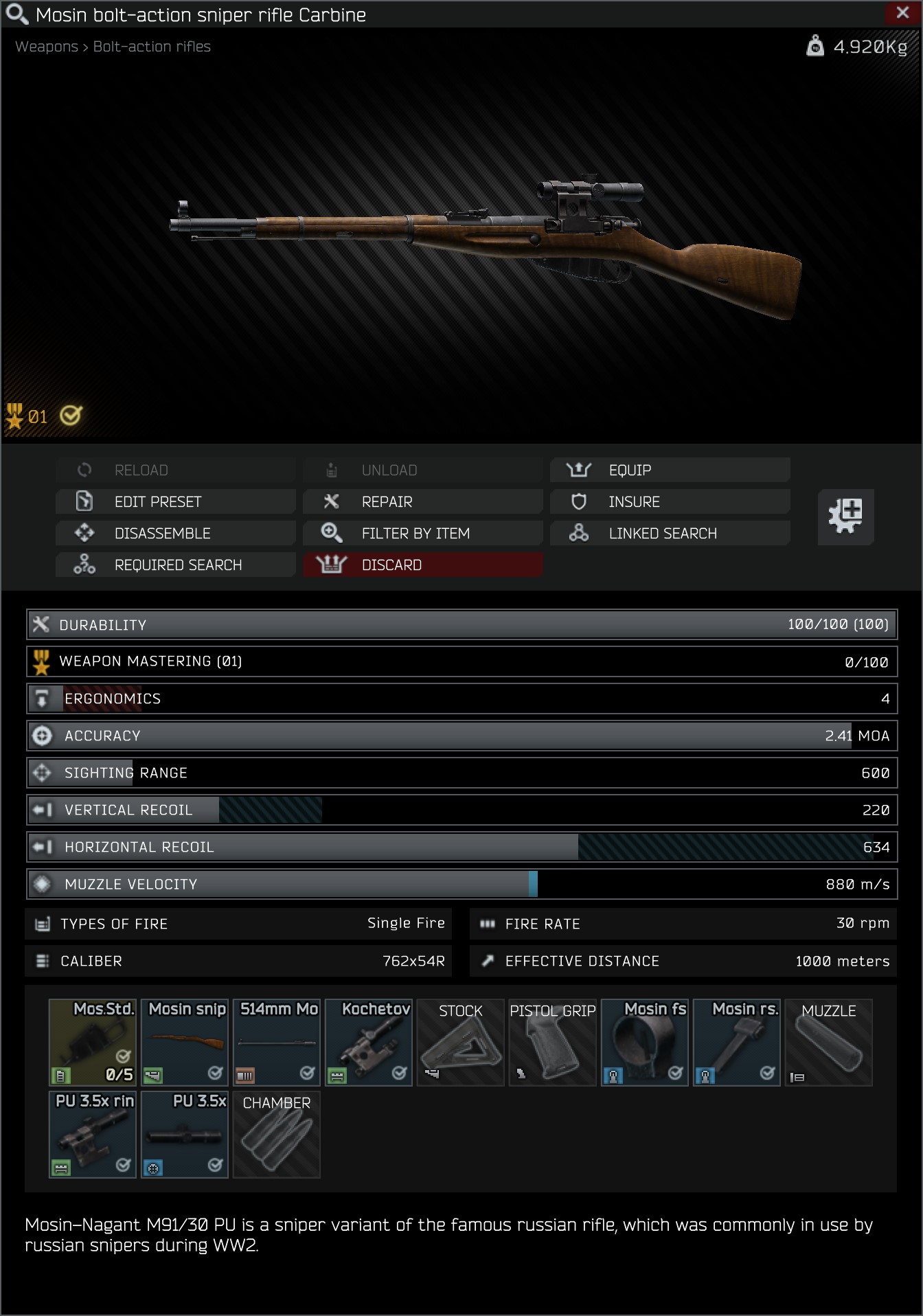 Mosin 7.62x54R bolt-action rifle (Sniper) / Mosin 7.62x54R ボルトアクション ライフル  (スナイパー) - Escape from Tarkov Wiki*